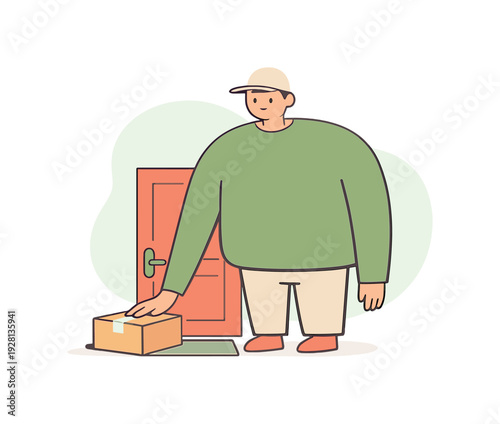 Quiet person stands at a doorstep delivering a parcel, one arm extended as the package rests carefully near the door | delivering