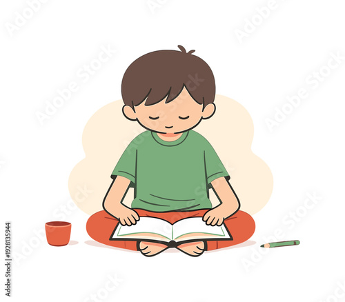 Quiet Reading Moment. Bright child finishes turning a page and looks down quietly as the book settles open on their lap. | child