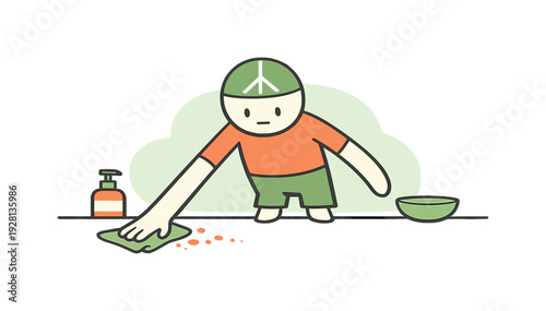 Peace person wipes a kitchen countertop with a cloth, moving crumbs aside as the surface becomes clean and clear for dinner today