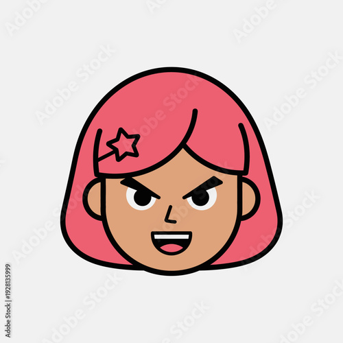 Cartoon portrait of a female character with pink hair and angry expression