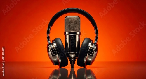 Wallpaper Mural Professional Recording Gear: Microphone and Headphones on Vibrant Orange Torontodigital.ca