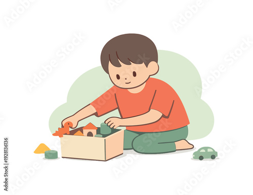 Quiet child cleans toys into a box, placing blocks and figures carefully while the floor clears around them slowly inside the