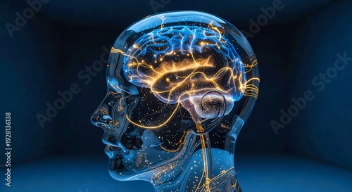 Wallpaper Mural Transparent Human Head Brain with Glowing Neural Network, Concept AI Torontodigital.ca