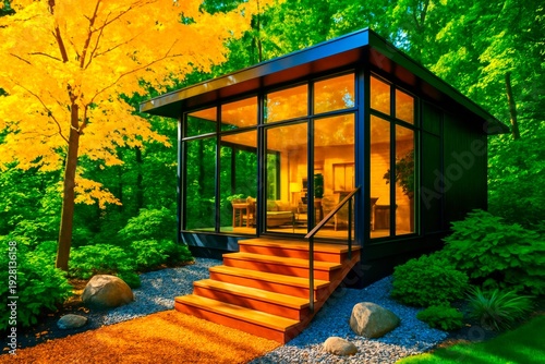 Wallpaper Mural Modern Forest Cabin with Autumn Tree and Warm Interior Lights at Sunset Torontodigital.ca