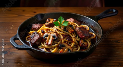 Wallpaper Mural Delicious Steak and Mushroom Noodles in Cast Iron Skillet Dinner Torontodigital.ca