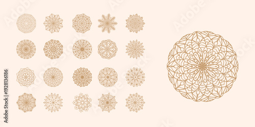 Set of luxury golden mandala ornaments for henna, tattoo, or wedding invitation decoration. Geometric circular pattern collection.