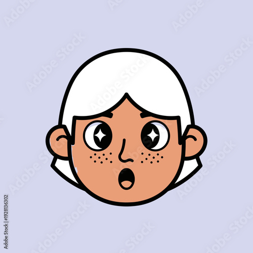 Cartoon portrait of a surprised young person with white hair and open mouth
