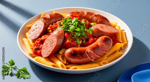 Wallpaper Mural Hearty Pasta Dish with Sliced Sausage, Red Sauce, and Fresh Herbs Torontodigital.ca