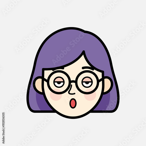Cartoon portrait of a woman with glasses and purple hair on white background