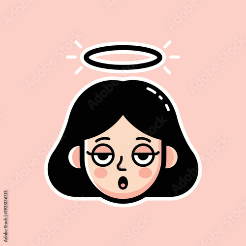 Cartoon portrait of a woman with a halo on a solid pink background