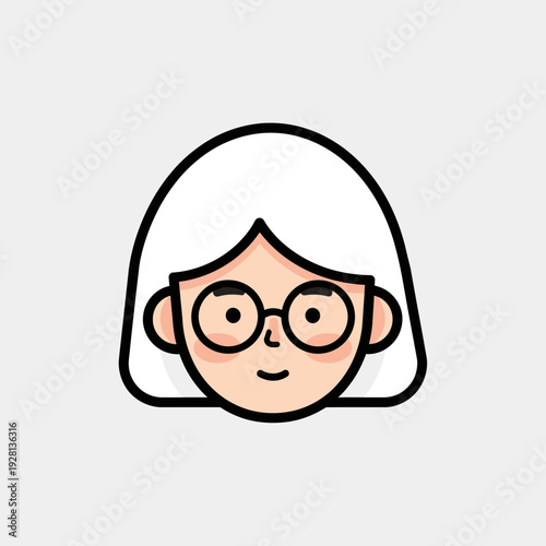 Cartoon portrait of a woman with glasses and white hair against a neutral backdrop