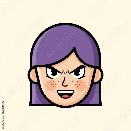 Cartoon portrait of a woman with purple hair and angry expression