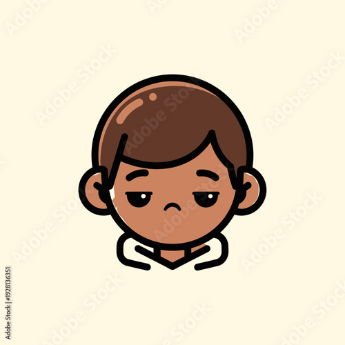 Cartoon portrait of a young person with dark hair and a neutral expression