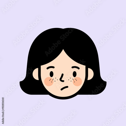 Cartoon portrait of a young woman with dark hair and a thoughtful expression
