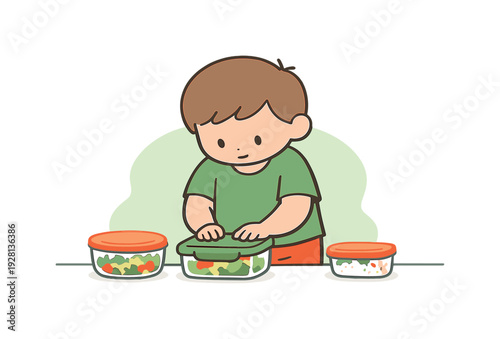 Fresh child puts leftovers into containers, closing lids carefully as bowls and boxes line up on a clean counter. | leftovers,