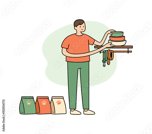 Organizing Pet Supplies. Light person organizes pet supplies on a shelf, stacking bowls and leashes neatly while bags rest aligned