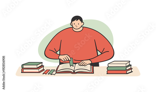 Quiet person places bookmarks into books on a desk, pages open slightly, fingers precise, stacks neat, calm mood forming order