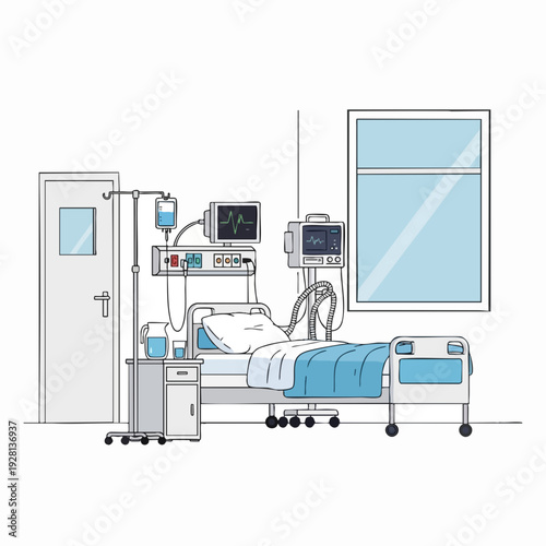 Illustration of modern hospital room interior with adjustable bed and medical equipment for patient care and treatment