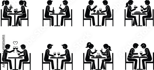 Couples Dining Silhouette Icon Set, People Eating at Restaurant Table, Romantic Date Night, Friends Having Dinner, Stick Figure Vector Illustration
