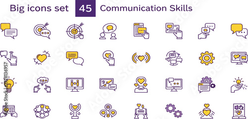 Communication skills icon set with teamwork, feedback, conversation and leadership symbols, modern outline vector collection for business, training and presentation design