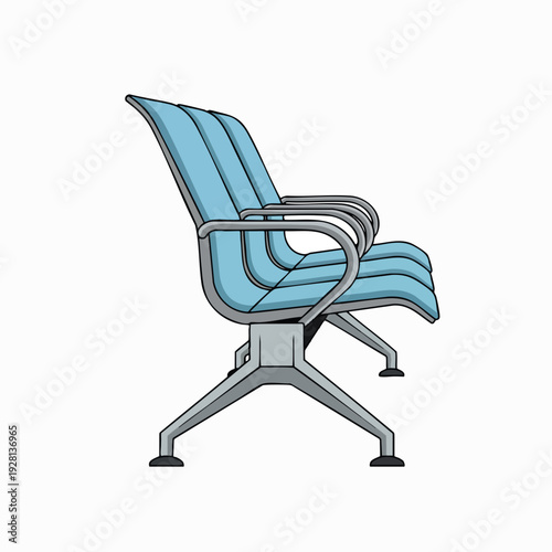 Illustration of modern public seating bench with blue seats and silver frame for airports terminals or waiting areas