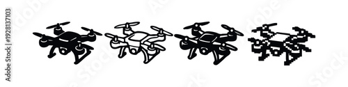 Angled Drone Icon Set with Solid, Outline, and Pixel Art Styles