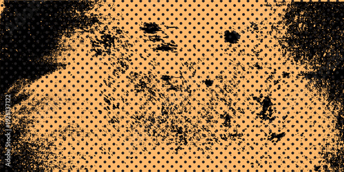Peach Grunge Texture with Black Polka Dot Pattern and Distressed Grain