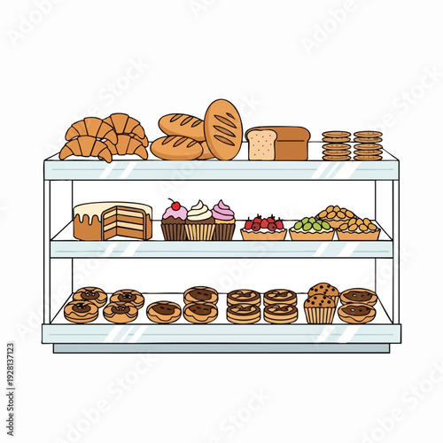 Illustration of pastries and breads on display shelves showcasing a bakery assortment in a cartoon style for food service and bakery promotions