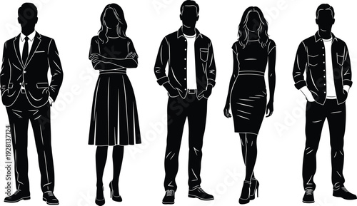 Diverse black silhouettes of business professionals and casual people standing together for corporate teamwork community and social diversity flat illustration,