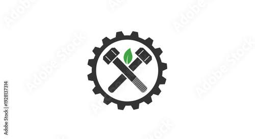 Crossed hammers inside a gear icon.