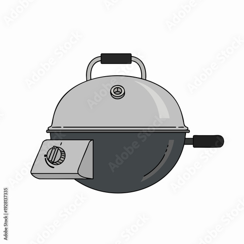 Illustration of a portable charcoal grill with lid handle vent and temperature knob for outdoor cooking; simple design