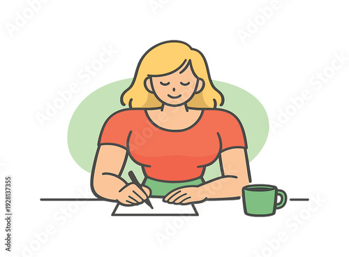 Sunny person writes a short note at a desk, pen moving slowly as paper rests flat and a cup sits nearby in calm light today here!