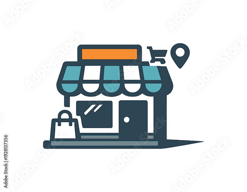 Modern storefront with shopping bag and location pin icon representing retail business