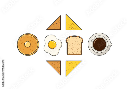 Flat Lay Arrangement Of Breakfast Ingredients Featuring Pancakes Fried Egg Toast And Coffee Cup For Culinary Concepts