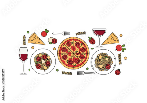 Delicious Italian Food Assortment Displaying Pizza Pasta Cheese And Red Wine For A Feast Celebration Or Restaurant Advertising
