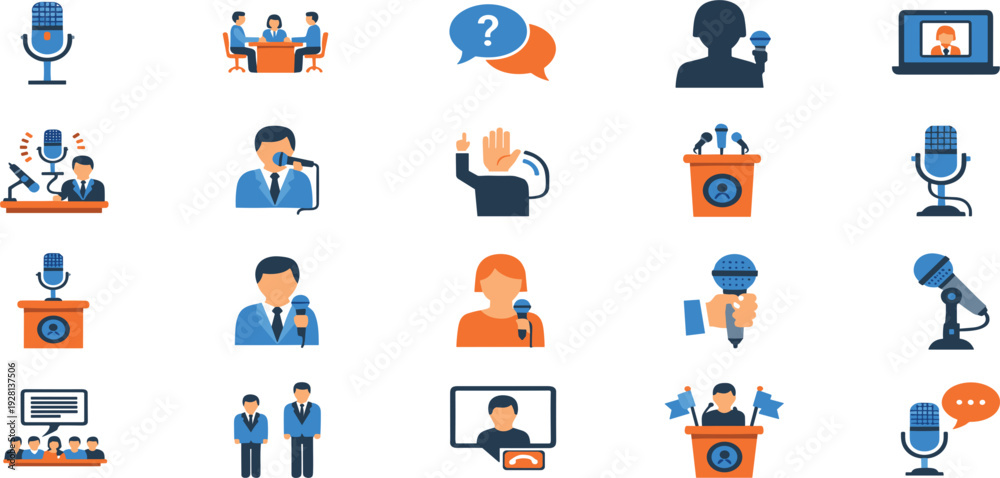 Fototapeta premium Public speaking and media communication icon set with microphone, interview, press conference and presentation symbols, modern flat vector collection for news and business