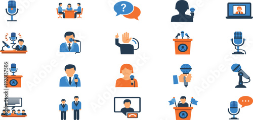 Public speaking and media communication icon set with microphone, interview, press conference and presentation symbols, modern flat vector collection for news and business