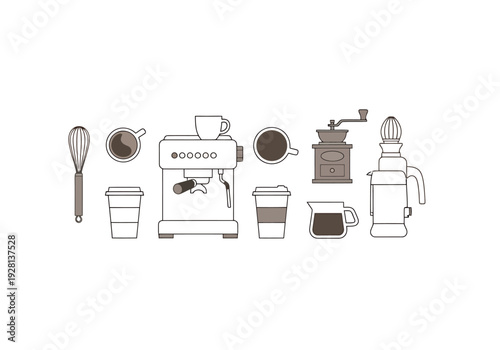 Collection of Coffee Making Equipment and Accessories Arranged on a White Background for Beverage Creation and Preparation