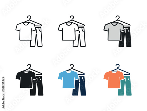 Relaxed wear icon showing a T-shirt and pants on a hanger, representing casual clothing, informal fashion, and everyday attire,
