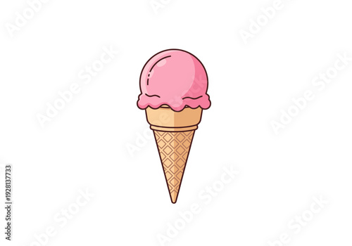 Single scoop of pink ice cream in a crunchy waffle cone isolated on a white background perfect for summer treats and dessert advertising