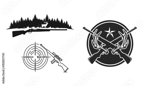 Hunting scene illustrations featuring rifles and targets with forest landscape and emblem designs