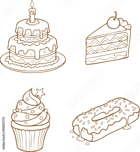 Hand Drawn Dessert Doodle Set with Cake, Cupcake, Donut and Pastry Line Art Illustration