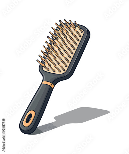 Modern black hair brush with golden accents and a shadow on a light background