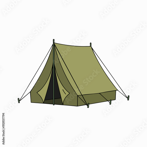 Illustration of a vintage-style green canvas tent with open entrance flap supported by ropes and poles camping outdoors design element