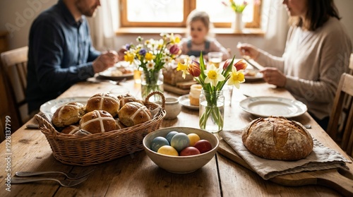 Family gathering around festive table with traditional Easter meal, bread and dishes, celebrating holiday, spring season, togetherness, and joyful Christian tradition in warm home setting.