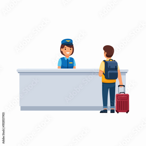 Illustration of airline check-in counter with female agent helping male passenger with backpack and suitcase flat vector style