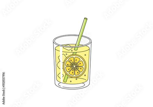Refreshing Yellow Beverage in Tall Glass with Straw and Lemon Slice Decoration on White Background