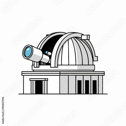 Illustration of an astronomical observatory featuring a large telescope inside a domed building presented in a vector style