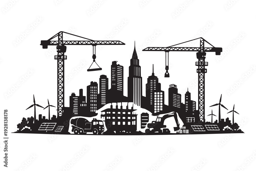 Obraz premium Urban Development Silhouette, Vector Illustration, Isolated on White Background