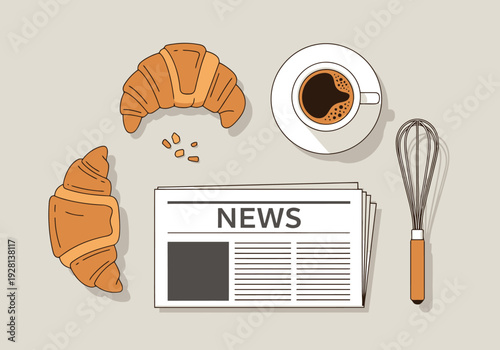 Fresh Croissants Coffee And Newspaper Morning Breakfast Table Top View Graphic Style Elements For A Delicious Start To The Day